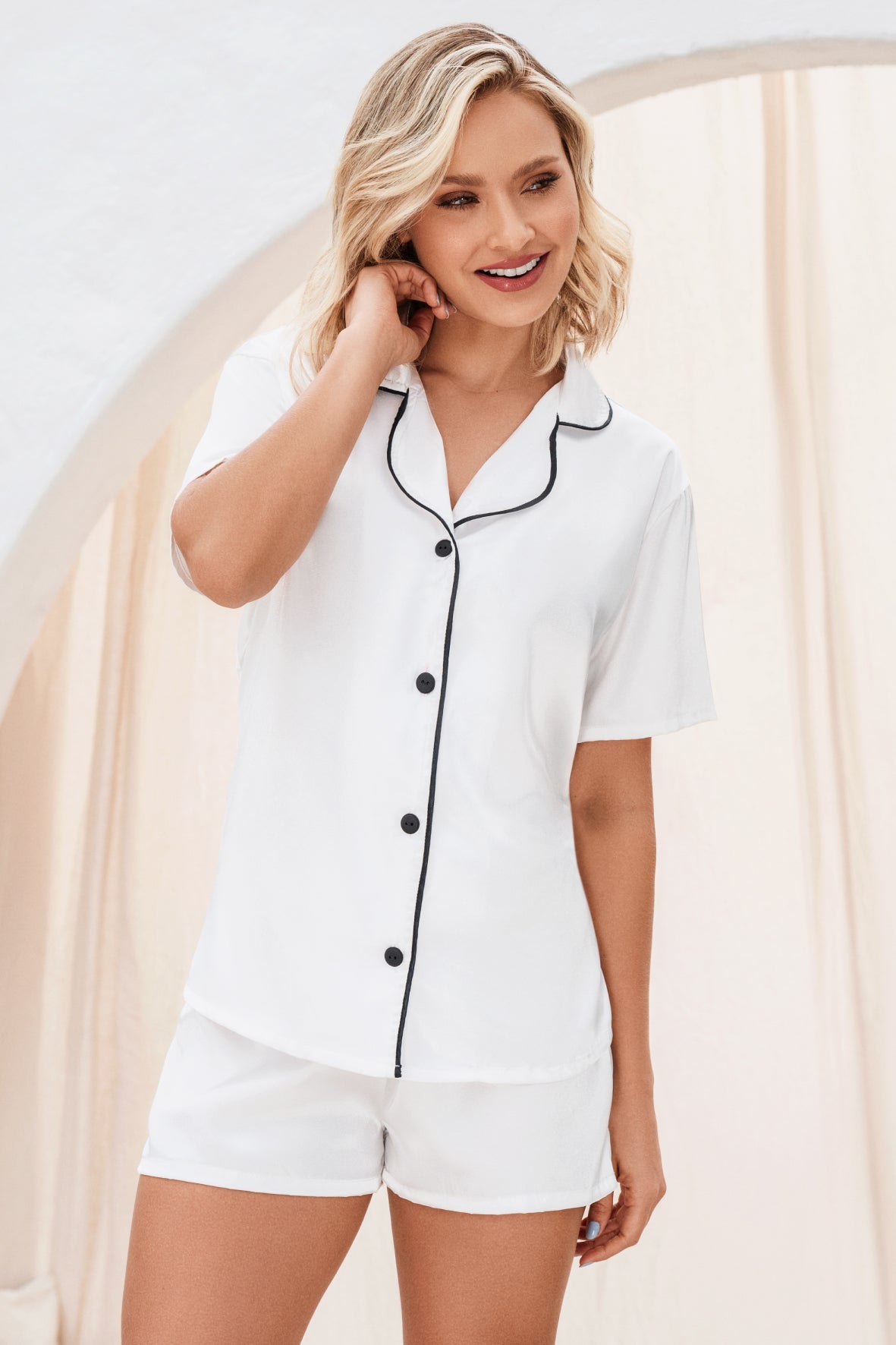 12091 SET SHORT SATÍN CAMISA BOTONES BLANCO