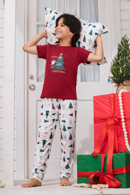 23069 PIJAMA NAVIDEÑA ARBOLES NIÑO 2025 ROJO MARFIL
