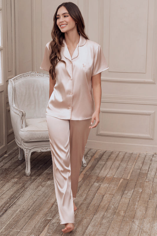 23098 SET PANTALÓN SATIN CLASICO BOTONES NUDE