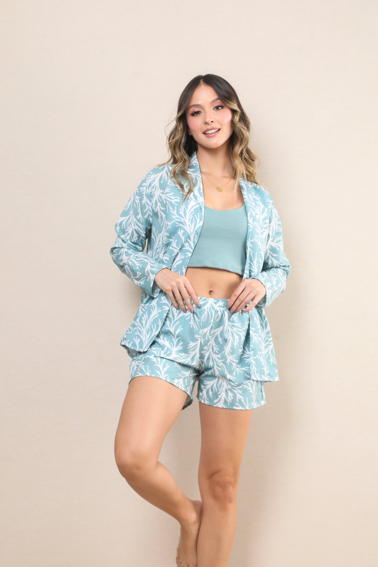 TWRP10373 SET 3 PIEZAS CARDIGAN CON SHORT VERDE