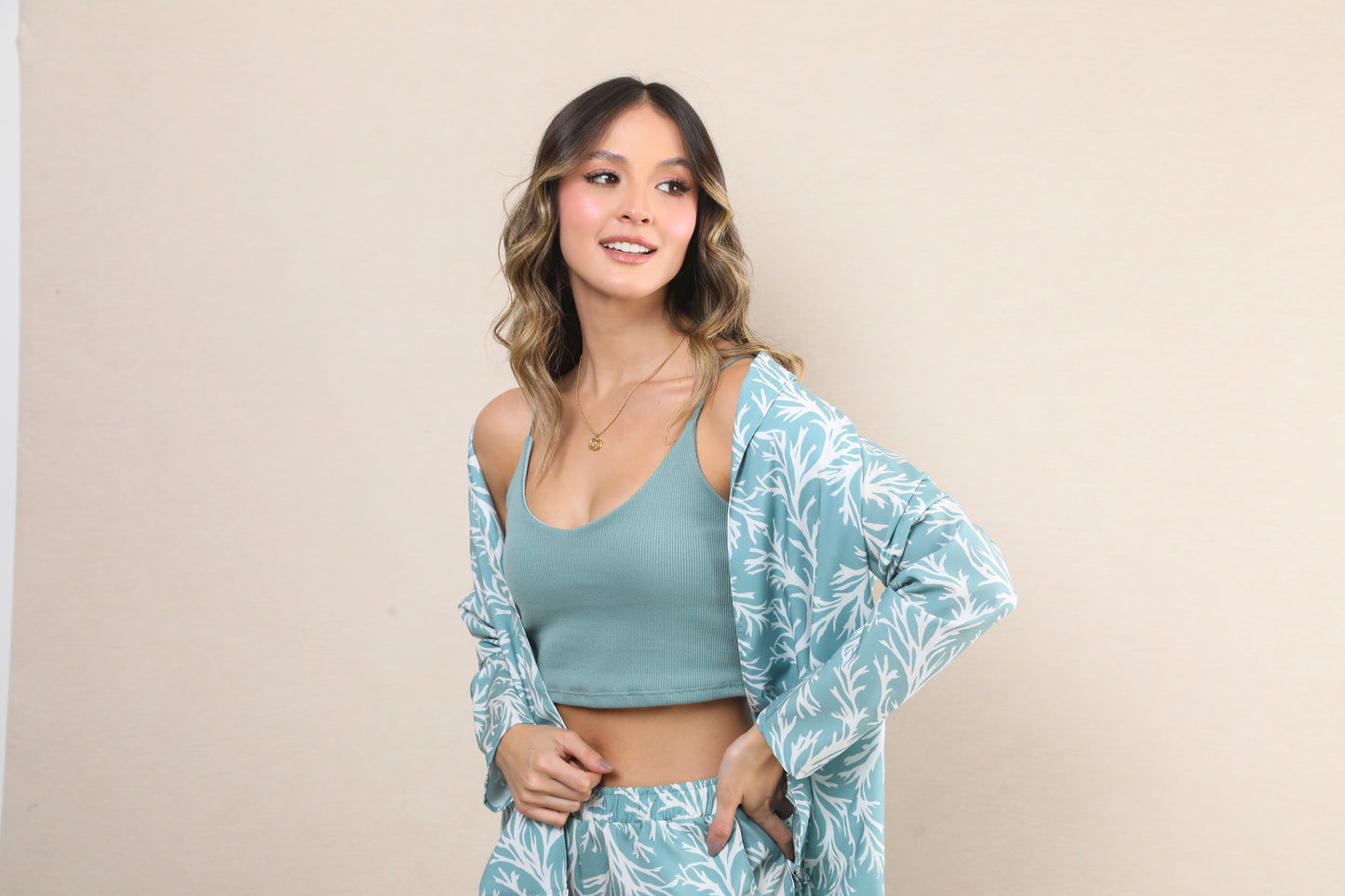 TWRP10373 SET 3 PIEZAS CARDIGAN CON SHORT VERDE