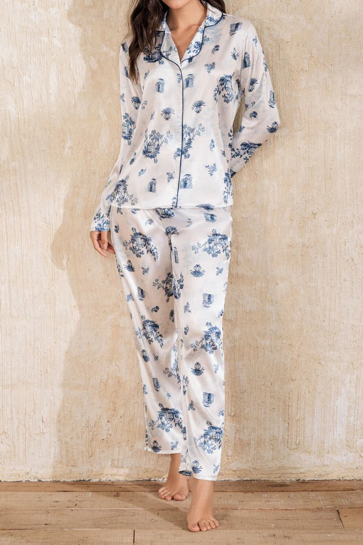 23037 SET PANTALON SATIN BOTONES GRIEGO  MANGA LARGA AZUL