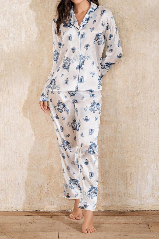 23037 SET PANTALON SATIN BOTONES GRIEGO  MANGA LARGA AZUL