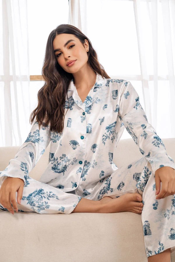 23037 SET PANTALON SATIN BOTONES GRIEGO  MANGA LARGA AZUL