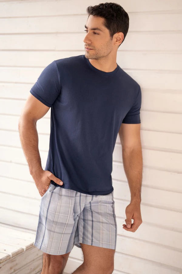 21110 SET SHORT HOMBRE CUADRICULADO AZUL